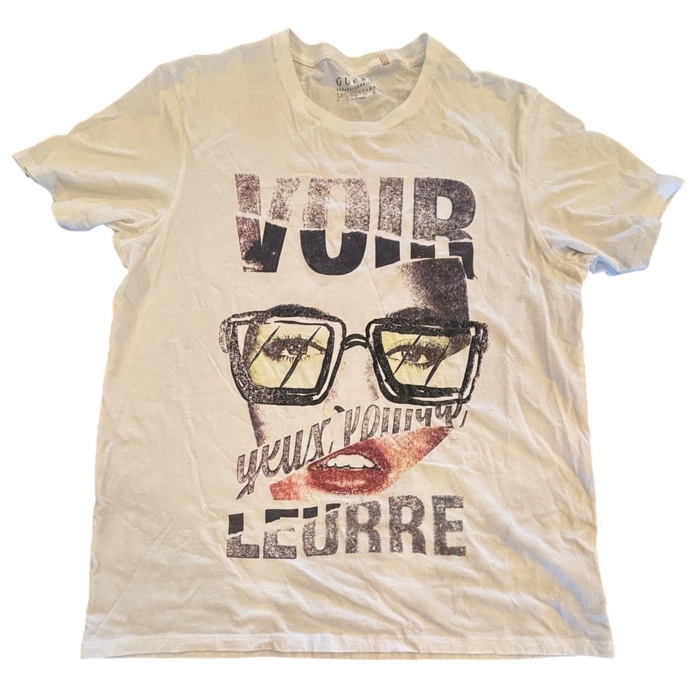 Guess Mens Graphic Tee White Voir Leurre French Text Short Sleeve Shirt Large